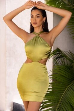 Knot Detail Halter Neck Satin Mini Dress In Olive 18 Knot Detail Halter Neck Satin Mini Dress In Olive -Women Clothes Shop 4305 2 sunshine solitude olive satin gathered tie racer front cut out mini dress