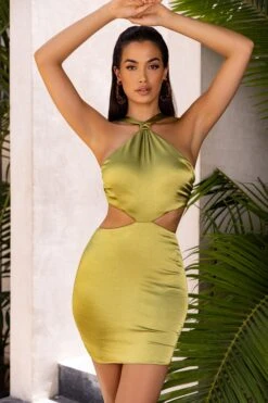 Knot Detail Halter Neck Satin Mini Dress In Olive