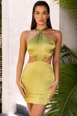 Knot Detail Halter Neck Satin Mini Dress In Olive 14 Knot Detail Halter Neck Satin Mini Dress In Olive -Women Clothes Shop 4305 4 sunshine solitude olive satin gathered tie racer front cut out mini dress