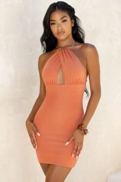 Keyhole Halter Neck Mini Dress In Rust
