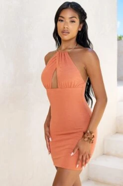 Keyhole Halter Neck Mini Dress In Rust -Women Clothes Shop 4306 7 desert love rust cut out metal halter neck detail mini dress