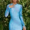 Long Sleeve Printed Mesh Mini Dress In Blue
