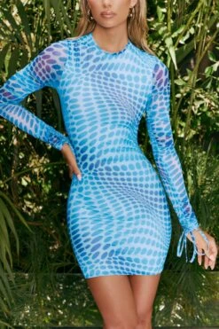 Long Sleeve Printed Mesh Mini Dress In Blue -Women Clothes Shop 4309 8 illusions blue print ruched long sleeve abstract print mini dress