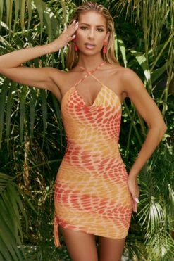 Halter Neck Printed Mesh Mini Dress In Orange -Women Clothes Shop 4311 4 feel the groove orange print cross strap abstract print mini dress