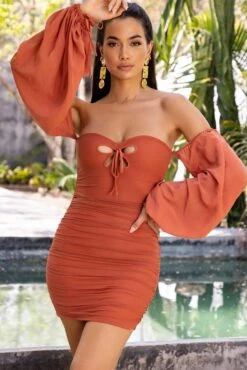 Bardot Ruched Mini Dress In Rust -Women Clothes Shop 4336 2 whisk me away rust puff sleeve cutout ruched minidress