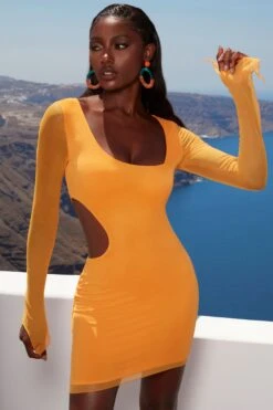 Asymmetric Long Sleeve Mini Dress In Orange -Women Clothes Shop 4342 1 feelin wavy orange cut out bodycon minidress 3