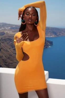 Asymmetric Long Sleeve Mini Dress In Orange -Women Clothes Shop 4342 2 feelin wavy orange cut out bodycon minidress 3