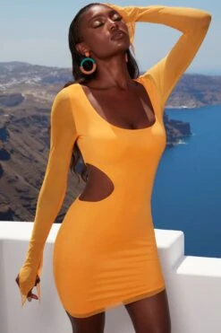 Asymmetric Long Sleeve Mini Dress In Orange -Women Clothes Shop 4342 3 feelin wavy orange cut out bodycon minidress 3