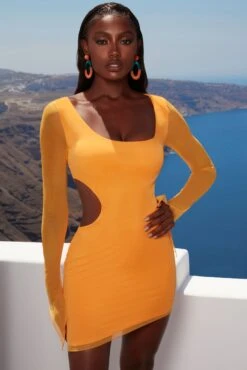 Asymmetric Long Sleeve Mini Dress In Orange -Women Clothes Shop 4342 4 feelin wavy orange cut out bodycon minidress 1 1