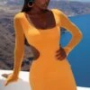 Asymmetric Long Sleeve Mini Dress In Orange -Women Clothes Shop 4342 5 feelin wavy orange cut out bodycon minidress 3