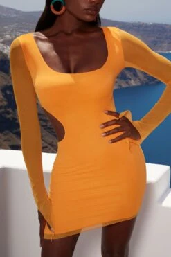 Asymmetric Long Sleeve Mini Dress In Orange -Women Clothes Shop 4342 6 feelin wavy orange cut out bodycon minidress 3