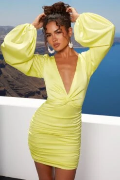 Ruched Satin Plunge Mini Dress In Lime -Women Clothes Shop 4343 1 rose tinted lime plunge neck long puff sleeve mini dress 1
