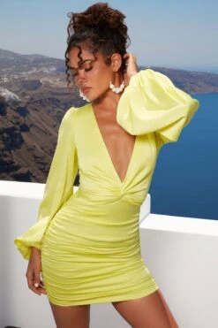 Ruched Satin Plunge Mini Dress In Lime -Women Clothes Shop 4343 4 rose tinted lime plunge neck long puff sleeve mini dress 1