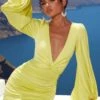 Ruched Satin Plunge Mini Dress In Lime -Women Clothes Shop 4343 5 rose tinted lime plunge neck long puff sleeve mini dress 1
