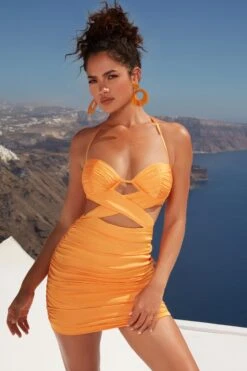 Cut Out Crossover Mini Dress In Orange -Women Clothes Shop 4350 1 cross your path orange bust flattering strappy cross over satin mini dress