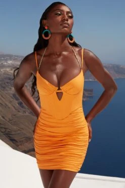 Ruched Corset Mini Dress In Orange -Women Clothes Shop 4350 1 heating up orange bust flattering chain detailn mini dress