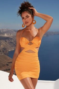 Cut Out Crossover Mini Dress In Orange -Women Clothes Shop 4350 2 cross your path orange bust flattering strappy cross over satin mini dress