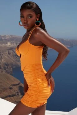Ruched Corset Mini Dress In Orange -Women Clothes Shop 4350 6 heating up orange bust flattering chain detailn mini dress
