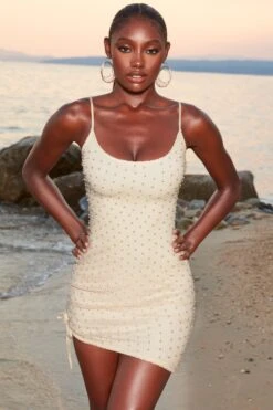 Beaded Crochet Mini Dress In Ivory -Women Clothes Shop 4369 1 dusk ivory assymetrical tie side pearl netted mini dress 1