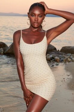 Beaded Crochet Mini Dress In Ivory -Women Clothes Shop 4369 2 dusk ivory assymetrical tie side pearl netted mini dress 1