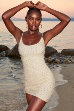 Beaded Crochet Mini Dress In Ivory -Women Clothes Shop 4369 3 dusk ivory assymetrical tie side pearl netted mini dress 1