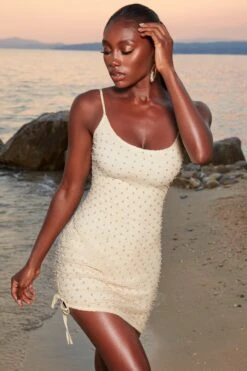 Beaded Crochet Mini Dress In Ivory -Women Clothes Shop 4369 4 dusk ivory assymetrical tie side pearl netted mini dress 1