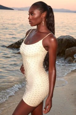 Beaded Crochet Mini Dress In Ivory -Women Clothes Shop 4369 6 dusk ivory assymetrical tie side pearl netted mini dress 1