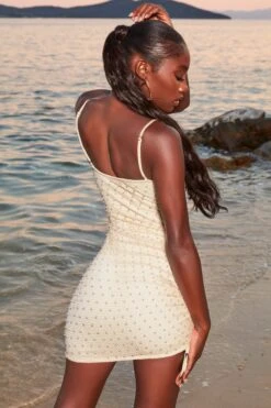 Beaded Crochet Mini Dress In Ivory -Women Clothes Shop 4369 7 dusk ivory assymetrical tie side pearl netted mini dress 1