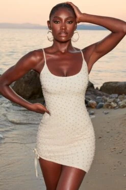 Beaded Crochet Mini Dress In Ivory