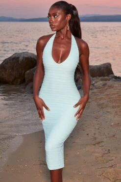 Crochet Plunge Neck Midi Dress In Aqua -Women Clothes Shop 4372 1 azure aqua halter neck plunge bust flattering midiaxi dress 1