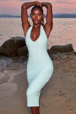 Crochet Plunge Neck Midi Dress In Aqua -Women Clothes Shop 4372 2 azure aqua halter neck plunge bust flattering midiaxi dress 1