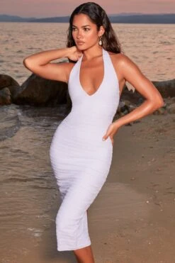 Crochet Plunge Neck Midi Dress In Lilac