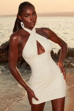 Crochet Wrap Neck Mini Dress In Ivory -Women Clothes Shop 4378 2 eivissa ivory crossover halterneck bodcon minidress 1