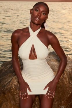 Crochet Wrap Neck Mini Dress In Ivory -Women Clothes Shop 4378 9 eivissa ivory crossover halterneck bodcon minidress 1