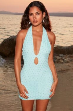 Beaded Mesh Mini Dress In Aqua