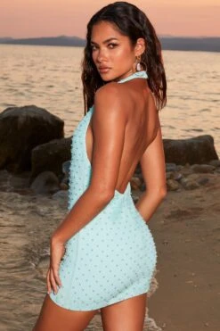 Beaded Mesh Mini Dress In Aqua -Women Clothes Shop 4384 9 late night paradise aqua pearl embelllished cut out halter neck mini dress 1