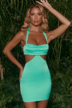 Cut Out Halter Mini Dress In Aqua -Women Clothes Shop 4502 1 hiatus aqua halter neck cut out mini dress 1
