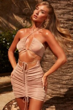 Cross Strap Ruched Mini Dress In Rose Gold -Women Clothes Shop 4536 5 feel the passion rgold ruched cross over strap shimmer bodycon mini dress