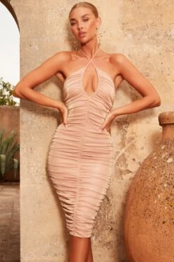 Ruched Keyhole Midi Dress In Rose Gold -Women Clothes Shop 4547 3 glistening rose gold keyhole cross front ruched shimmer midi dress