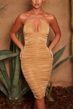 Ruched Keyhole Midi Dress In Gold -Women Clothes Shop 4547 5 glistening gold keyhole cross front ruched shimmer midi dress 1