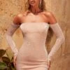Long Sleeve Bardot Mini Dress In Champagne
