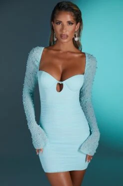 Embellished Long Sleeve Mini Dress In Aqua -Women Clothes Shop 4557 1 Guiana Aqua Embellished Long Sleave Cut Out Ruched Mini Dress