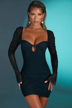 Embellished Long Sleeve Mini Dress In Black -Women Clothes Shop 4557 2 guiana black embelished sleeve ruched bodycon minidress 1