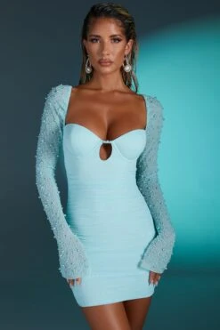 Embellished Long Sleeve Mini Dress In Aqua -Women Clothes Shop 4557 3 Guiana Aqua Embellished Long Sleave Cut Out Ruched Mini Dress