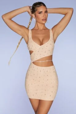 Embellished Cut Out Mini Dress In Sand -Women Clothes Shop 4561 7 Epernay Sand Embellisher Cut Out Mini Dress