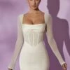 Long Sleeve Mesh Corset Mini Dress In White -Women Clothes Shop 4581 1 Lorient White Satin Long Sleeve Mini Dress