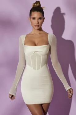 Long Sleeve Mesh Corset Mini Dress In White