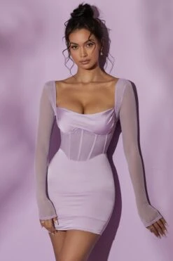 Long Sleeve Mesh Corset Mini Dress In Lilac