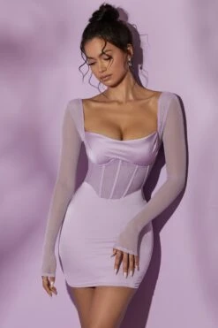 Long Sleeve Mesh Corset Mini Dress In Lilac -Women Clothes Shop 4581 3 Lorient Lilac Satin Long Sleeve Mini Dress 8c098042 29e2 449a bbde acc5a8be0ff1