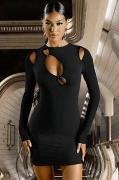 Cut Out Long Sleeve Dress In Black -Women Clothes Shop 4595 1 cut loose black asymetric cut out long sleeve mini dress